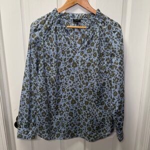 Talbots Blue & Olive Floral Cotton Blouse Size Medium Long Sleeve Lightweight